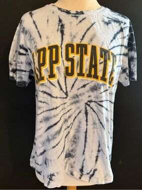 App State Tie-Dye Graphic Tee - White & Navy with Yellow Lettering
